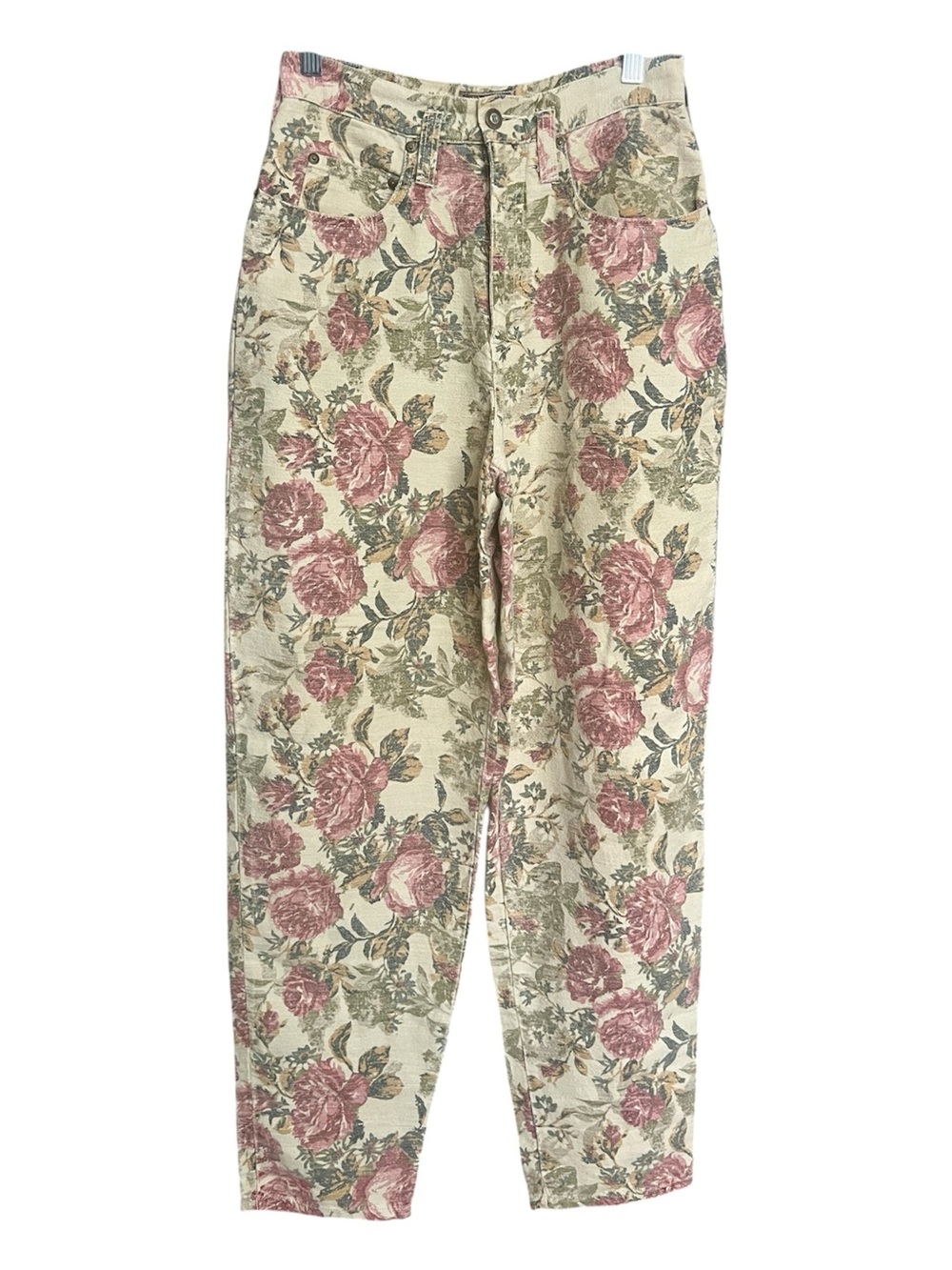 Express EXP Floral Rose Cottagecore Boho Woven Pants Hipster VTG Beige SZ 7/8
